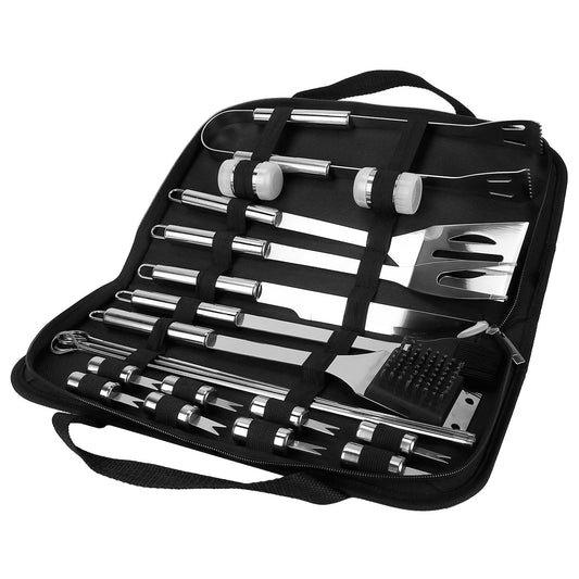 Stainless Steel BBQ Grill Tool Kit Grilling Utensil Accessories w/ Spatula Tongs Fork Knife
Brush Pepper Salt Shaker Bottle Grilled Skewers Corn Need